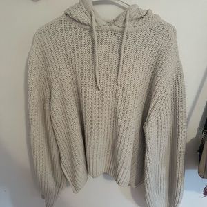 Cream, hoodie, with drawstrings.